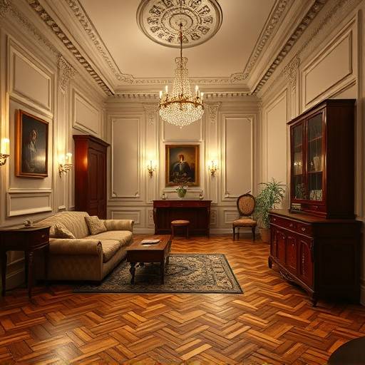 Appartement haussmannien avec moulures et parquet à chevrons, idéal pour un film d'époque.
