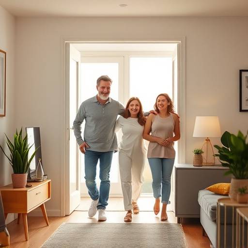 Photo d'une famille entrant dans un nouvel appartement de location.