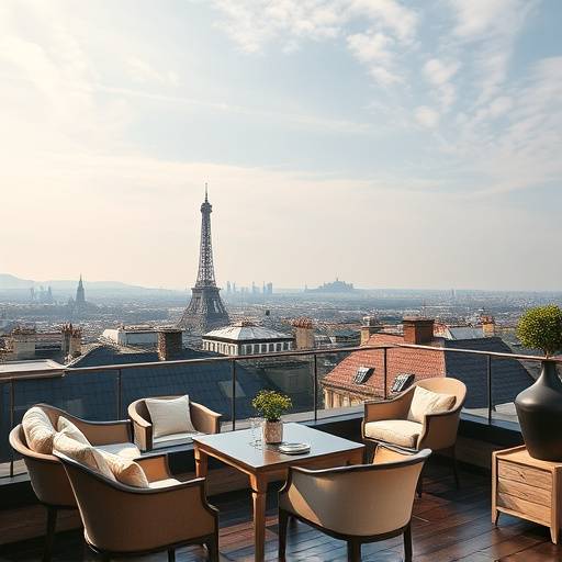 Vue panoramique sur les toits de Paris depuis un rooftop aménagé.